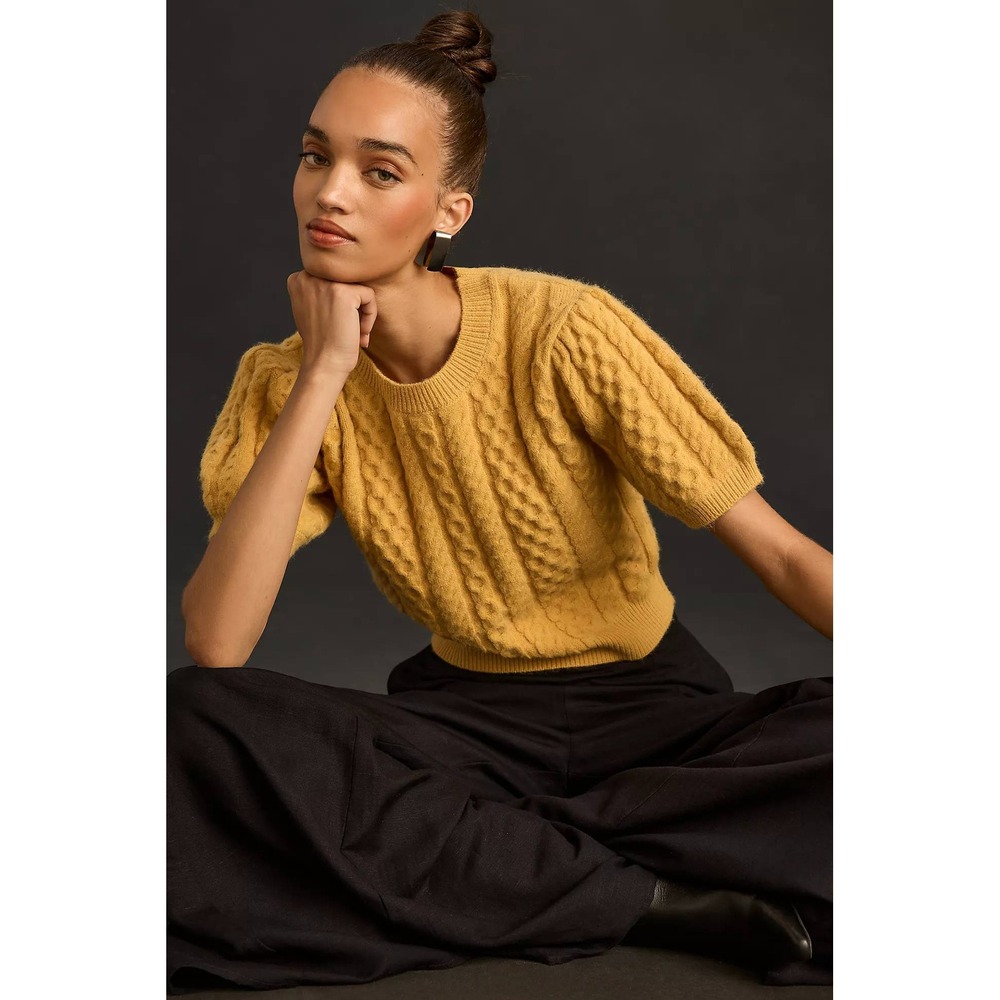By Anthropologie MABLE Cropped Cable Puff Short-Sleeve Sweater M Cottagecore